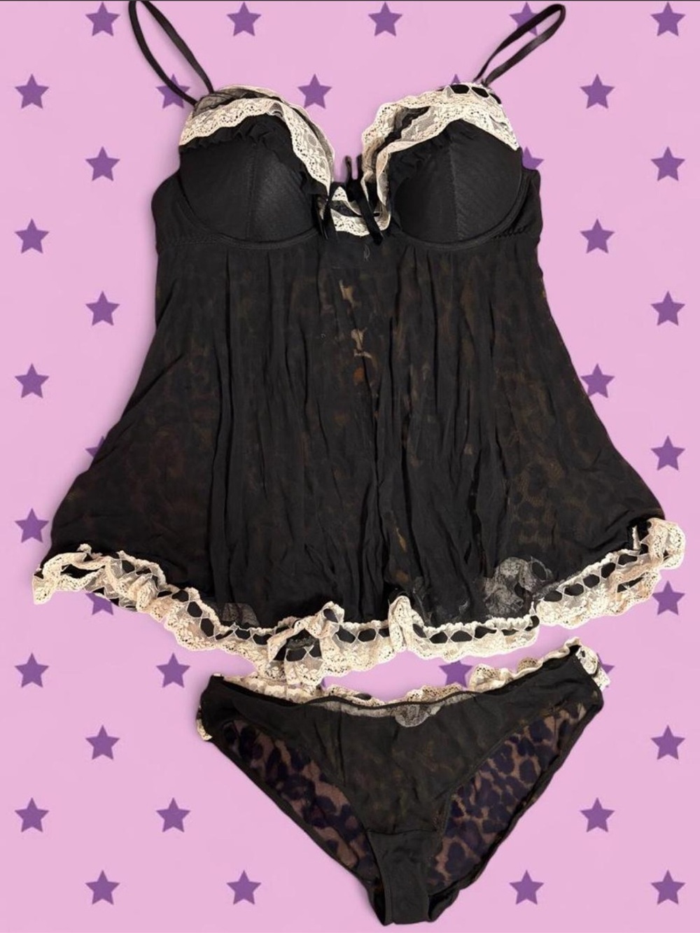 Black Lace-Trim Babydoll Chemise and Bikini Set
